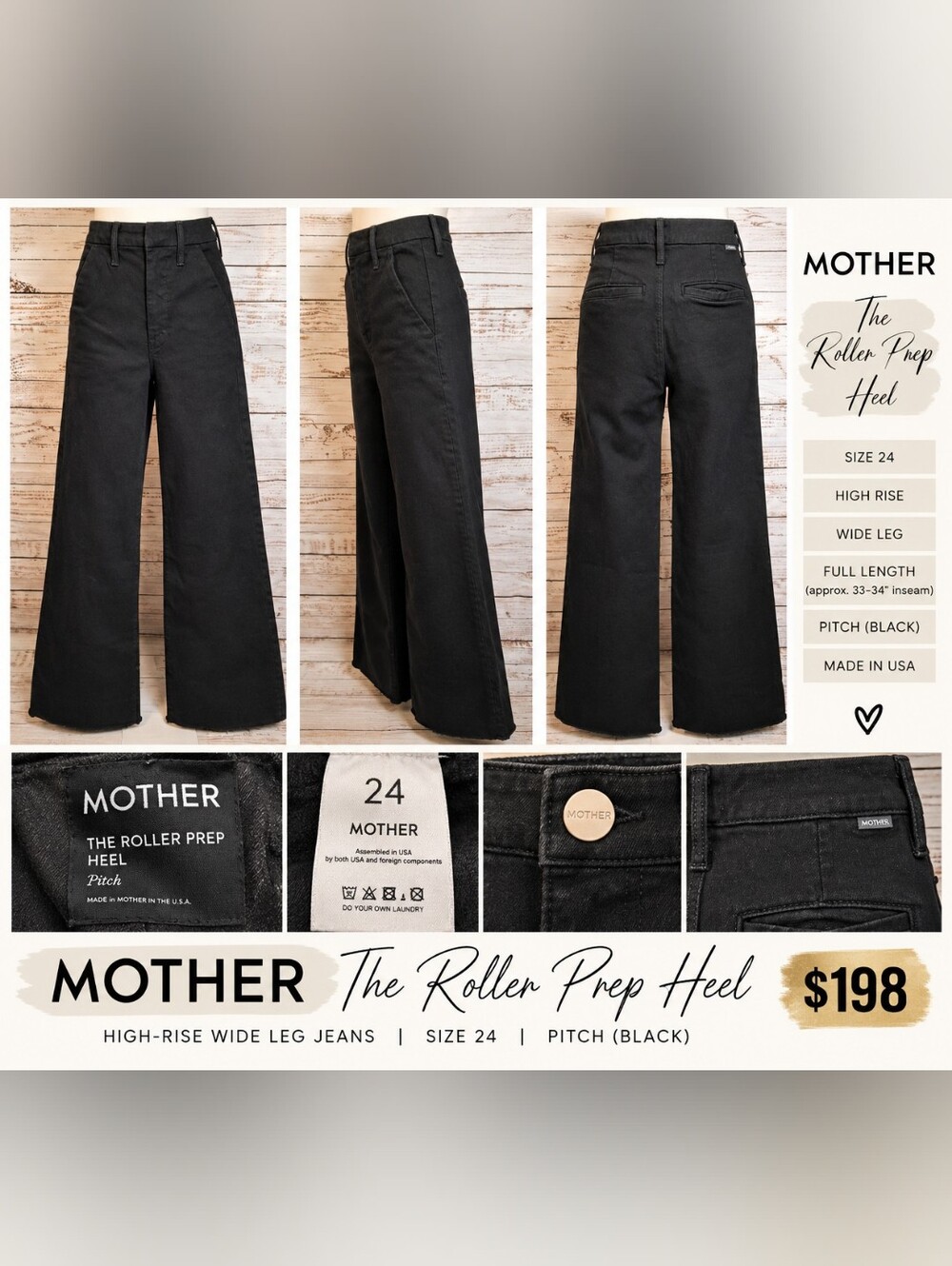 MOTHER The Roller Prep Heel High Rise Wide Leg Jeans Size 24 Pitch Black